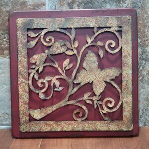 Vintage Metal Floral Butterfly Inlay on Wood Hanging Wall Decor